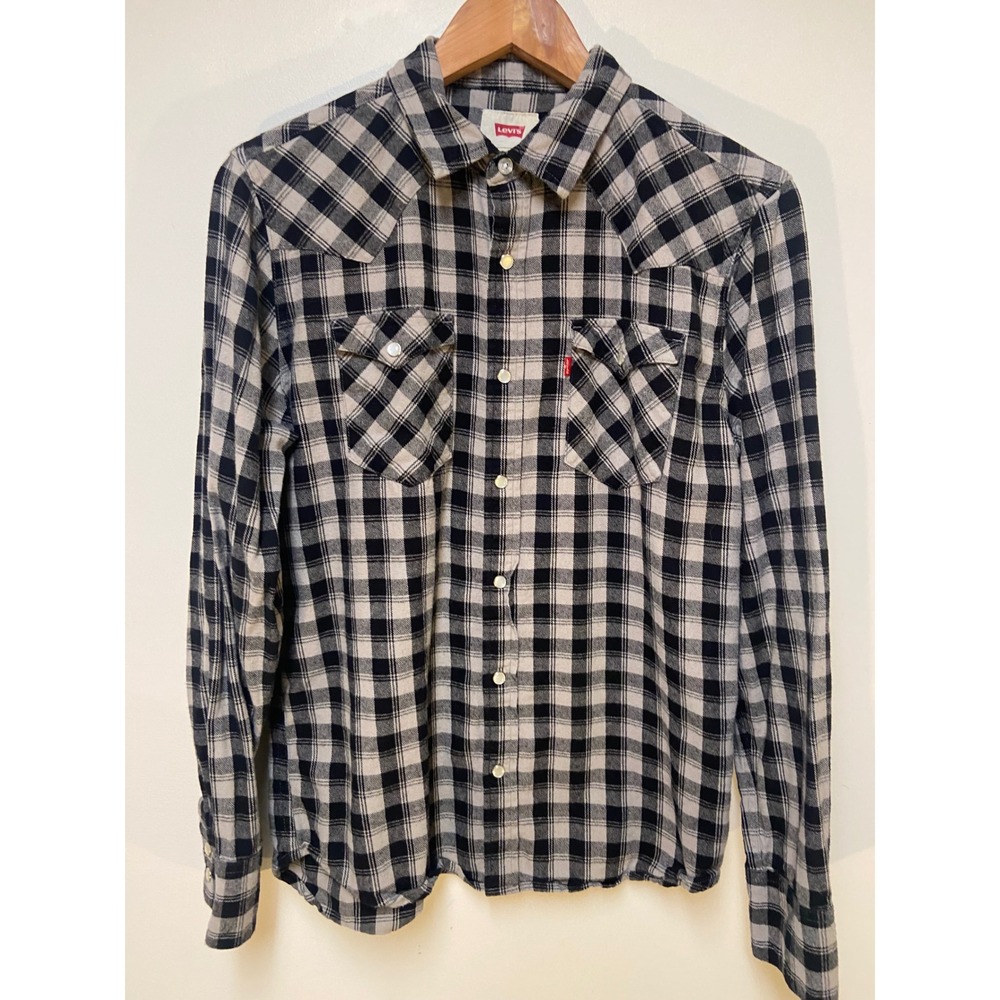 Levi's Flannel Shirt Men Small Black Gray Plaid Western Pearl Snap 3LYLW8832